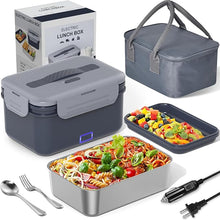 Load image into Gallery viewer, Electric Lunch Box Food Heater Upgrade 3 in 1 Portable Food Warmer 100W Leakproof Heated Lunch Box for Adults Car/Truck/Office with 1.8L SS Container Fork Spoon Carry Bag, 12V/24V/110V, Grey
