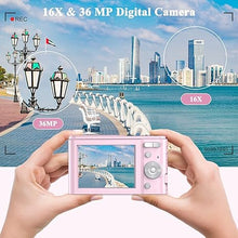 Load image into Gallery viewer, Digital Camera 1080P 36MP Kids Camera Compact Point and Shoot Digital Camera, 16X Digital Zoom 2 Batteries, Rechargeable Vlogging Portable Small Camera for Teens Students
