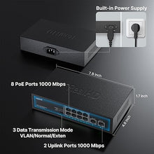Load image into Gallery viewer, 8 Port Full Gigabit PoE+ Switch with Rack Mount Ears, with 2 Gigabit Uplink Ports Up to 30W Per PoE Port, Total Budget 120W, 48 Volt 803.af/at Compliant, Compatible with PoE IP Cameras VOIP Phones

