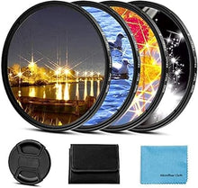 Load image into Gallery viewer, 67mm Star Filter 4 Pieces Starburst Lens Filter(4 Points,6 Points,8 Points,12 Points) with Centre Pinch Lens Cap for Canon Nikon Sony Olympus Pentax and Other DSLR Cameras + 4 Slot Filter Pouch
