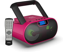 Load image into Gallery viewer, Riptunes Portable CD Player Boombox AM FM Radio, Bluetooth, USB, Aux-Input, MP3 CD Stereo Sound with Bass Boost, Party Lights, Headphone Jack, Backlit LCD Display, with Remote, Pink
