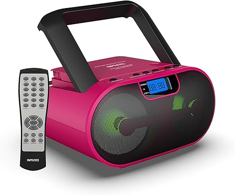 Riptunes Portable CD Player Boombox AM FM Radio, Bluetooth, USB, Aux-Input, MP3 CD Stereo Sound with Bass Boost, Party Lights, Headphone Jack, Backlit LCD Display, with Remote, Pink