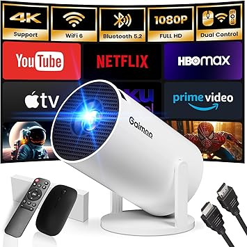 [Built-in App] Mini Projector 1080P FHD 4K Support Projector with Mouse Portable Projector with WiFi and Bluetooth 180° Adjustable Auto Keystone HDMI/TV Stick/USB/PS5/Laptop, with HDMI Cable & Mouse