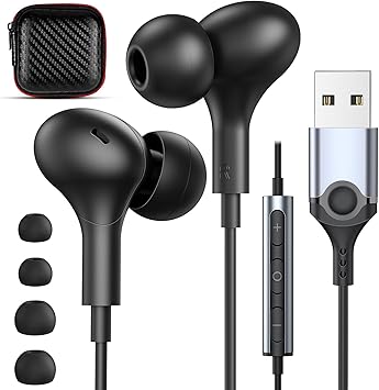 USB Headphones with Microphone for Laptop, 7.5ft Magnetic Wired Earbuds Noise Isolation in-Ear Earphones with Mute Volume Control Stereo Bass for PC Desktop Dell HP Acer Laptop Meetings/Music,School