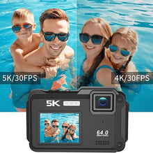 Load image into Gallery viewer, Underwater Camera, UHD 5K 64MP 16FT Waterproof Digital Camera with WiFi Connection 16X Zoom Selfie Dual Screens Waterproof Camera for Snorkeling with 32GB Card and 1200mAh Battery(Black)
