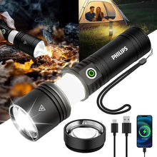 Load image into Gallery viewer, PHILIPS LED Rechargeable Flashlight with Ambient Lamp and Ignition Lens,Tactical Flashlights High Lumens with 2 Colors,Zoomable,5 Modes,Output,Flash Light for Camping Essentials,Outdoor, Home
