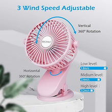 Load image into Gallery viewer, Battery Operated Clip on Stroller Fan, Portable Mini Desk Fan Rechargeable, USB Powered Clip Fan for Baby Stroller Office Outdoor Travel, Pink
