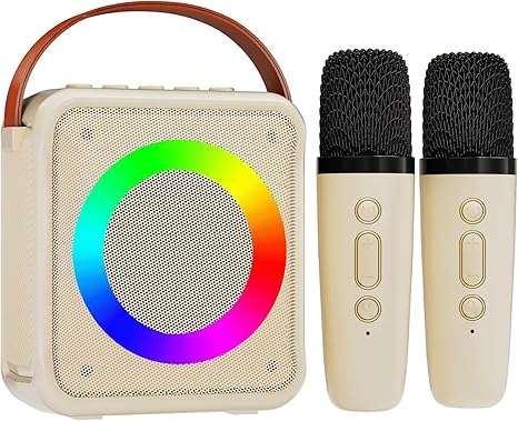 Mini Karaoke Machine for Kids Adults, Portable Bluetooth Speaker with 2 Wireless Microphones, Microphone Speaker Set with LED Disco Lights for Home Party Birthday Gifts for Girls Boys Kid(White)