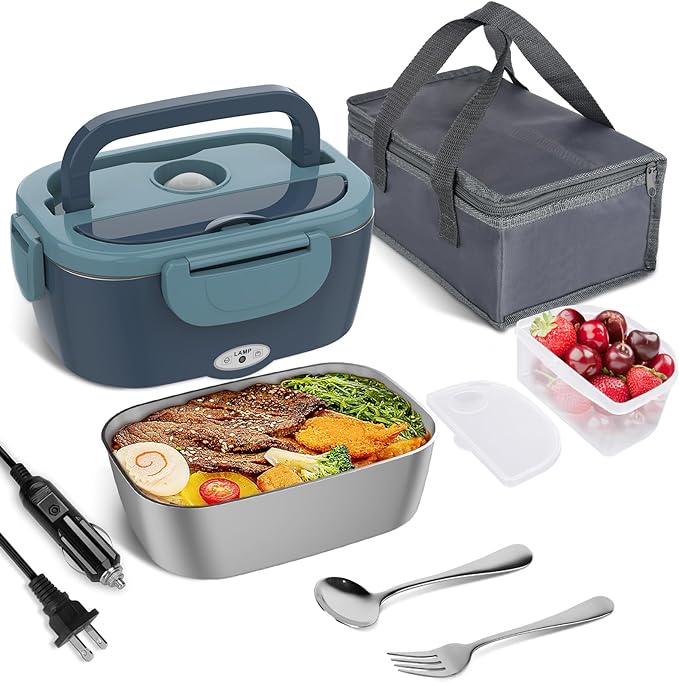 Vabaso Electric Lunch Box Food Heater, 80W Electric Heating Lunch Boxes Lunch for Adults/Men/Car/Truck/Work, 1.5L Removable 304 Stainless Steel Container, 110V/12V/24V, with Fork & Spoon