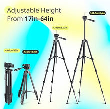 Load image into Gallery viewer, Sensyne 64" Camera Tripod Stand, Versatile Phone &amp; iPad Tripod with Wireless Remote and 2-in-1 Phone Holder for Selfie/Video Recording/Photo/Live Stream/Vlog
