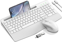 Load image into Gallery viewer, Wireless Keyboard and Mouse Combo, Ergonomic Keyboard with Wrist Rest, Phone Holder, Sleep Mode, 2.4G Lag-Free Rechargeable Compact Silent Cordless Keyboard Mouse for Windows, Mac, Laptop, PC (White)
