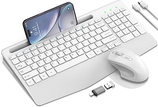 Wireless Keyboard and Mouse Combo, Ergonomic Keyboard with Wrist Rest, Phone Holder, Sleep Mode, 2.4G Lag-Free Rechargeable Compact Silent Cordless Keyboard Mouse for Windows, Mac, Laptop, PC (White)