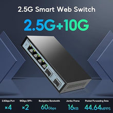 Load image into Gallery viewer, 6 Port 2.5G Easy Web Managed Switch, 4 x 2.5G Base-T Ports, 2 x 10G SFP+, Static Aggregation,QoS/VLAN/IGMP, 2.5Gb Network Homelab Switch
