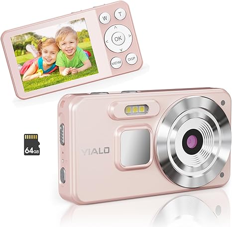 4K Digital Camera, 64MP Auto Focus Vlogging Camera with 64GB SD Card, 18X Digital Zoom Compact Camera for Photography, Point and Shoot Video Camera for Teens Boys Girls, Pink