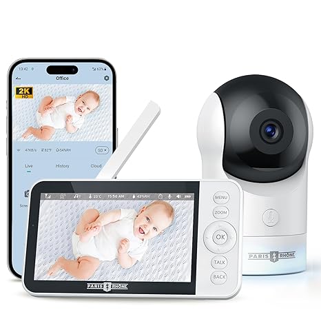 PARIS RHÔNE Video Baby Monitor, 2K UHD WiFi Camera, Night Vision, 5” Smart Baby Monitor with App Control, Motion and Cry Detection, AI Tracking, Three-Way Audio, RGB Night Light, Lullabies…