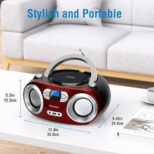 Load image into Gallery viewer, MEGATEK Portable CD Player Boombox with FM Radio, Bluetooth, and USB Port | Clear Stereo Sound | CD-R/RW and MP3 CDs Compatible | 3.5mm Aux Input and Headphone Jack | Backlit LCD Display - Cherry Red
