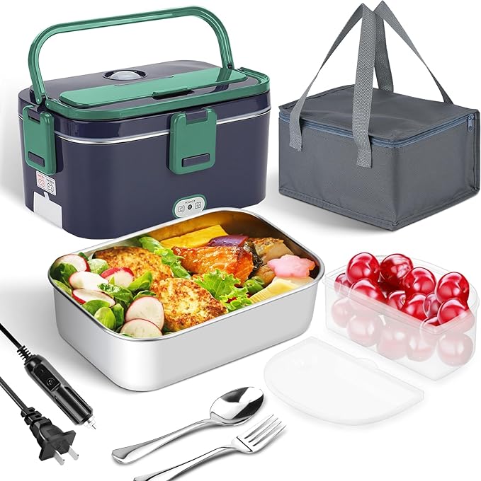 Electric Lunch Box Food Heater, 80W High-Power Food Warmer, 12V 24V 110V 3 in1 Portable Microwave for Car and Home, with Detachable 304 Stainless Steel Container Fork and Spoon(Royal Blue + Green)