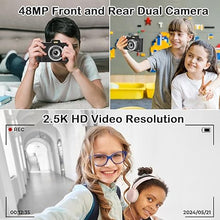 Load image into Gallery viewer, Digital Camera for Teens, 48MP FHD Dual Camera with 2.5K Video, 32GB SD Card, 8X Zoom, Black Small Camera with Card Reader, Compact Point and Shoot Camera with Games for Kids, Boys, Student
