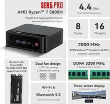 Load image into Gallery viewer, Beelink Mini PC SER5 Pro 5800H, AMD Ryzen 7 5800H(Up to 4.4GHz), 16GB DDR4 1TB M.2 PCIe3.0 SSD High-Performance Mini Computers, Support 4k Triple Display/ WiFi6/ BT5.2/ 1000Mbps LAN Home/Office
