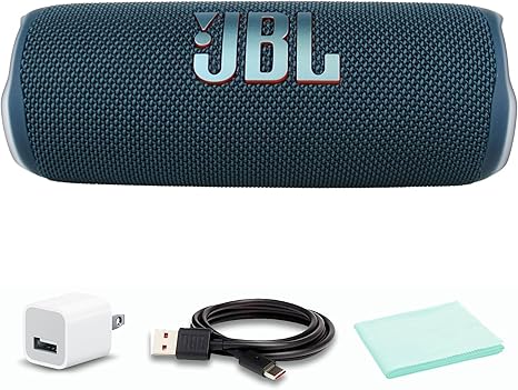 JBL Flip 6 Portable Bluetooth Speaker, deep bass, IPX7 Waterproof, for Home, Outdoor and Travel (Blue) (JBLFLIP6BLUAM) + USB Adapter + Microfiber Cloth