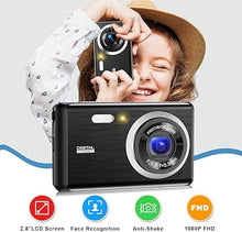 Load image into Gallery viewer, Digital Camera, FHD 1080P Camera, Digital Point and Shoot Camera with 8X Zoom Anti Shake, Compact Small Camera for Boys Girls Kids (Black)
