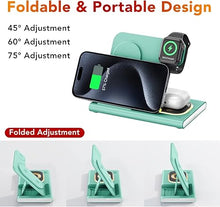 Load image into Gallery viewer, 3 in 1 Foldable Charging Station for Apple Products,Fast Wireless Charger Travel Dock Adapter&amp;Light for iPhone 15/14/13/12/11/X/XS/XR 8,for iWatch Ultra2/9/Ultra/8/7/6/SE,for Air Pods 3/2/Pro/2(Green)
