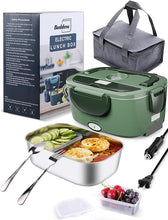 Load image into Gallery viewer, Buddew Electric Lunch Box 80W Food Heater for Adults, 12/24/110V Portable Lunch Warmer Upgraded Heated Lunch Box for Car/Truck/Office with SS Fork&amp;Spoon and Insulated Carry Bag (Dark Green)
