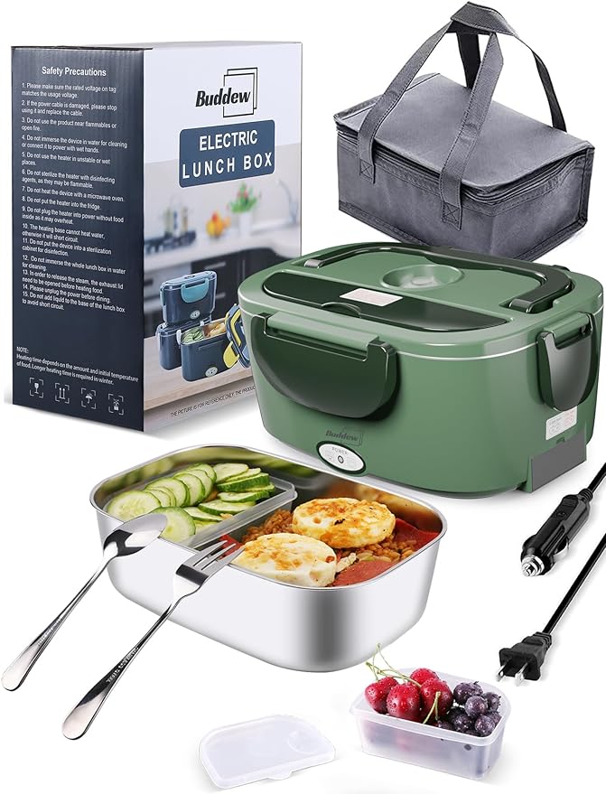 Buddew Electric Lunch Box 80W Food Heater for Adults, 12/24/110V Portable Lunch Warmer Upgraded Heated Lunch Box for Car/Truck/Office with SS Fork&Spoon and Insulated Carry Bag (Dark Green)