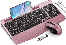 Load image into Gallery viewer, Wireless Keyboard and Mouse Combo, Ergonomic Keyboard with Wrist Rest, Phone Holder, Sleep Mode, 2.4G Lag-Free Rechargeable Compact Silent Cordless Keyboard Mouse for Windows, Laptop, PC (Rose Gold)
