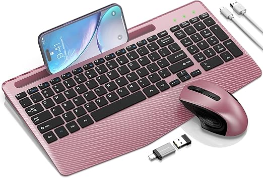 Wireless Keyboard and Mouse Combo, Ergonomic Keyboard with Wrist Rest, Phone Holder, Sleep Mode, 2.4G Lag-Free Rechargeable Compact Silent Cordless Keyboard Mouse for Windows, Laptop, PC (Rose Gold)