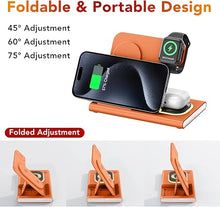 Load image into Gallery viewer, 3 in 1 Foldable Charging Station for Apple Products,Fast Wireless Charger Travel Dock Adapter&amp;Light for iPhone 16/15/14/13/12/11/X/XS,for iWatch 10/9/8/7/Ultra2/Ultra,for AirPods 4/3/2/Pro/2(Orange)

