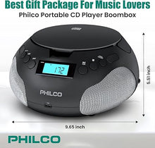 Load image into Gallery viewer, PHILCO Portable Boombox with CD Player | Compatible with MP3/WMA/CD-R/CD-RW | FM Radio | 3.5mm Aux Input | Stereo Sound | LED Display | AC/Battery Powered for indoor &amp; outdoor| Compact and Easy-to-Use
