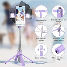 Load image into Gallery viewer, Mini iPhone Tripod Stand,MQOUNY 38" Phone Tripod &amp;Selfie Stick with Wireless Rechargeable Remote &amp; Removable Light, Extendable Tripod Stand 360 Rotation Compatible with iPhone&amp;Android Samsung (Purple)
