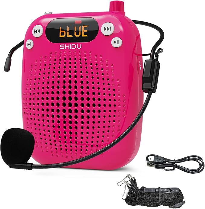 SHIDU Voice Amplifier, 10W Speaker with Microphone Headset Portable Megaphone PA System Support Bluetooth, FM, TF Card, USB Flash Disk for Teachers, Classroom, Tour Guide, Training (Pink)