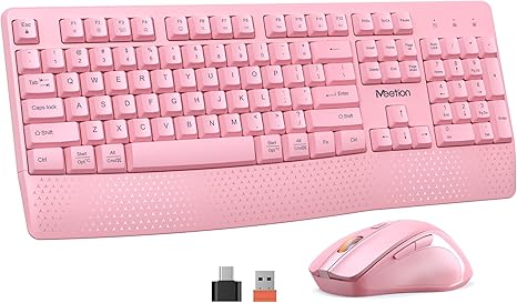 MEETION Wireless Keyboard and Mouse, Computer Keyboard Mouse, 3 DPI Adjustable USB A and USB C Adapter Full-Sized Cordless Keyboard and Mouse, Wrist Rest for PC/Computer/Laptop/Windows/Mac, Pink