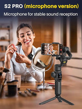 Load image into Gallery viewer, S2 Pro Smartphone Gimbal Stabilizer w/Wireless Lavalier Microphone, Built-in 18cm Extension Rod &amp; Fill Light, Professional 3-Axis Gimbal for iPhone &amp; Android for Video Recording
