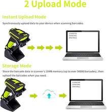 Load image into Gallery viewer, Symcode 2D Bluetooth Barcode Scanner with Wireless Charging Stand 1968 Feet Transmission Distance 433Mhz USB QR Automatic Barcode Scanner with Charging Base Shock Dust Proof Hands Free Green
