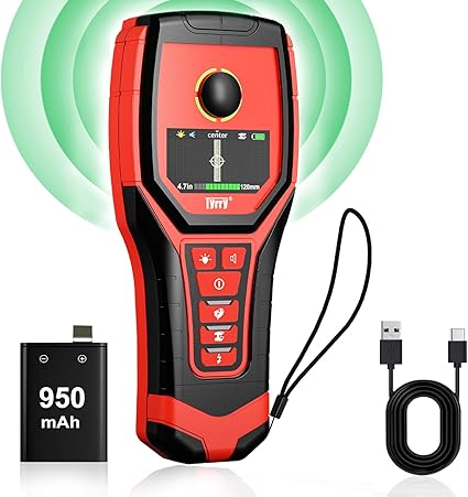 5 in 1 Professional Stud Finder Wall Scanner Rechargeable for Precise Center and Edge of AC Wire Magnetic Metal Joist Wood Pipe Detection, Audio Light Alarm, HD Color Display Position & Depth