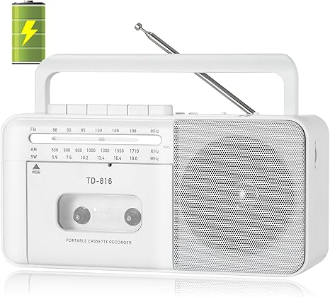 Rechargeable Cassette Tape Player Boombox with Bluetooth, Compact AM FM Radio Cassette Recorder, Loud Speaker and Earphone Jack,Support USB/TF Card, Powered by AC or Battery