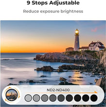 Load image into Gallery viewer, K&amp;F Concept 62mm Variable ND Camera Lens Filter ND2-ND400 (1-9 Stops) + Filter Cap + Cleaning Cloth 18 Multi-Layer Coatings Adjustable Neutral Density Ultra Slim Lens Filter (K-Series)
