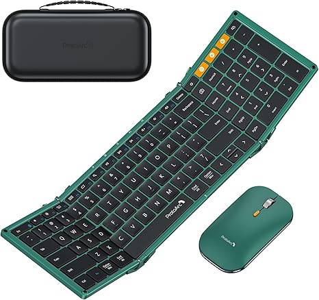 ProtoArc Foldable Keyboard and Mouse, XKM01 Folding Wireless Keyboard Mouse Combo for Business and Travel, 2.4G+Dual Bluetooth Full-Size Portable Keyboard for Laptop iPads Tablets - Green