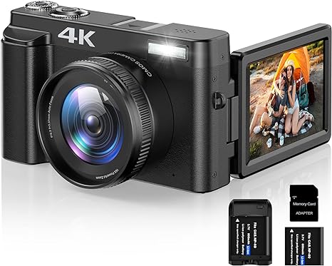 4K Digital Camera for Photography Autofocus 16X Digital Zoom, 48MP Vlogging Camera with 32GB SD Card, 3'' 180° Flip Screen Compact Camera,2 Batteries