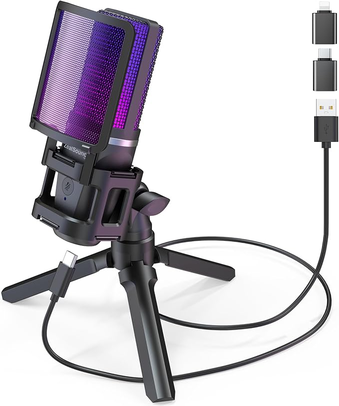 ZealSound Gaming USB Microphone for PC,RGB Condenser Computer Mic with Tripod Stand,Quick Mute,Gain Control for Gaming,Streaming,Podcasting,Recording,ASMR,Cardioid Mic Kit for Laptop/PS4/PS5/Phone