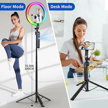Load image into Gallery viewer, Auto Face Tracking Tripod 360° Rotation with 10&quot; RBG Ring Light, Phone Tripod &amp; Selfie Stick with Remote for Cell Phone 4&quot;-7&quot;, Motion Sensor Phone Tripod for Live Stream Vlog Video Recording
