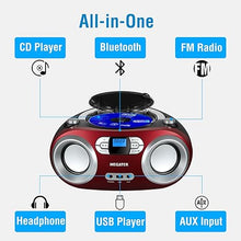 Load image into Gallery viewer, MEGATEK Portable CD Player Boombox with FM Radio, Bluetooth, and USB Port | Clear Stereo Sound | CD-R/RW and MP3 CDs Compatible | 3.5mm Aux Input and Headphone Jack | Backlit LCD Display - Cherry Red
