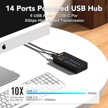 Load image into Gallery viewer, Powered USB Hub,14 Ports USB Data Hub Splitter with 6 USB 3.0 Port,4 Charging Port,1 USB-C 3.0 Data Port,1 PD 60W Charging Port w LED Individual On/Off Switches for MacBook,Mac Pro,Laptop/PC
