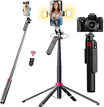 Load image into Gallery viewer, WOVTE 71" Selfie Stick Tripod with 2 Lights, Extendable Tripod for iPhone, Selfie Stick Tripod Stand with Remote, Portable Phone Tripod for Cell Phone Compatible with iPhone/Android, Camera &amp; Gopro
