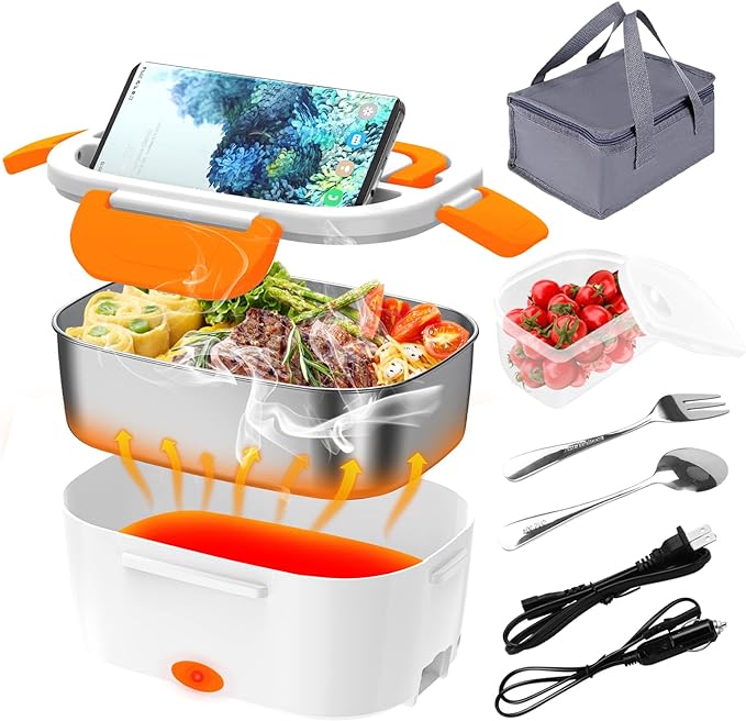 Electric Lunch Box, Food Warmer Heater 12V 24V 110V, 80W Faster Heated Lunch Box for Car/Truck/Home Portable Heating Boxes with 1.5L 304 SS Container Fork & Spoon, White+Orange