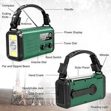 Load image into Gallery viewer, Emergency Hand Crank Weather Radio, 20000mAh AM/FM/NOAA Solar Powered Radio with Phone Charger, USB Charged, LED Flashlight Reading Lamp Headphone Jack, SOS Alarm, Compass for Emergency (Army Green)
