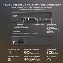 Load image into Gallery viewer, MokerLink 4 Port 2.5G PoE Switch with 2 Port 10G SFP+ Slot, 4 x 2.5G Base-T Ports Compatible with 10/100/1000Mbps, IEEE8023af/at PoE 78W, Metal Unmanaged Fanless Small Network Switch
